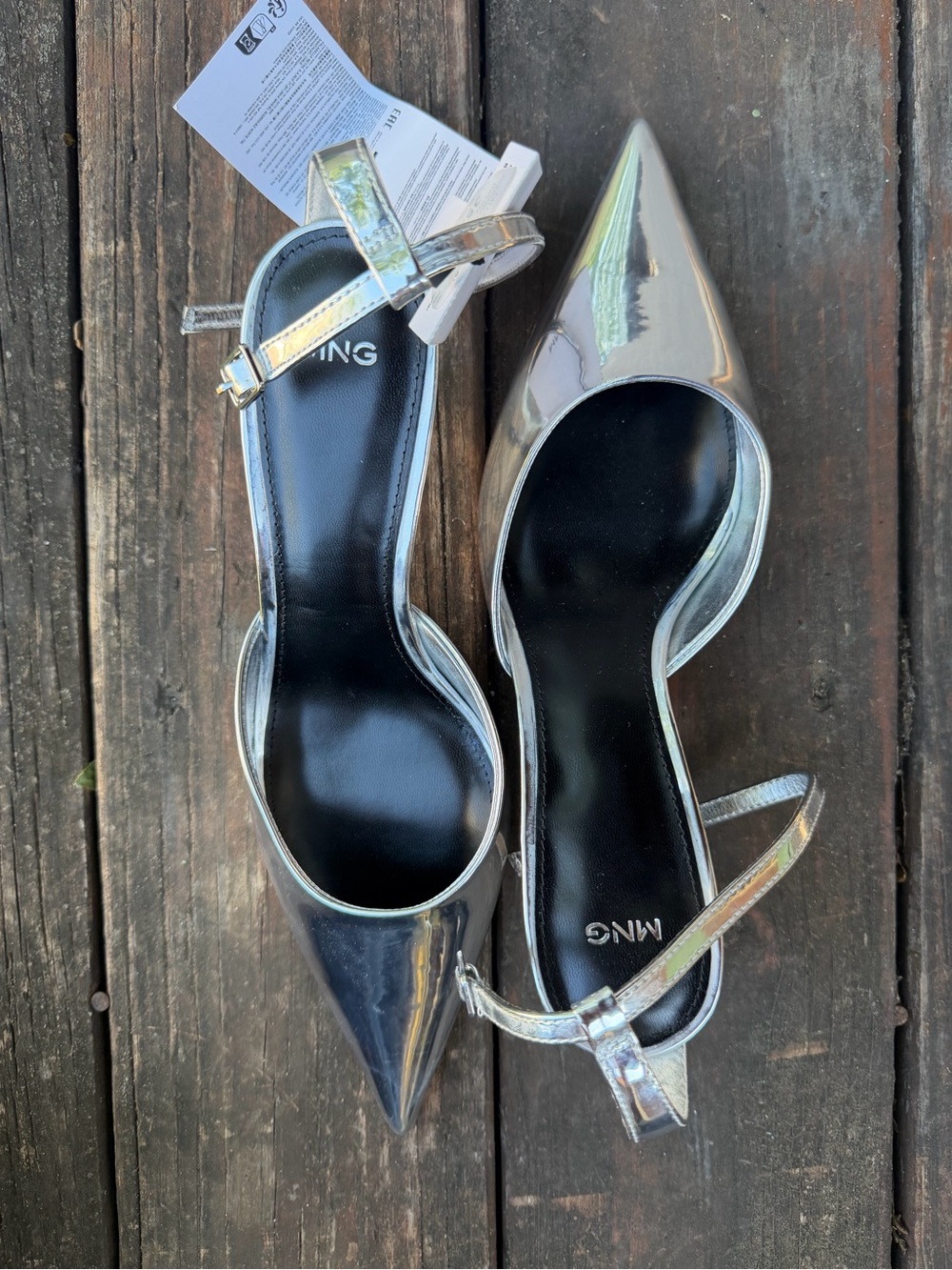 Mango Metallic Silver Pointed Slingback Kitten Heels